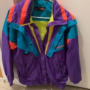 nevica retro ski jacket purple, teal, and orange